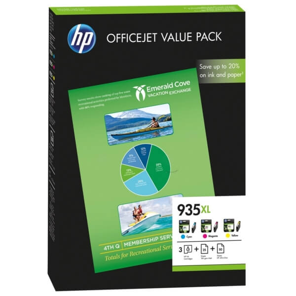 HP Original 935XL Combo Value Pack Cyan/Yellow/Magenta Ink + 50 x A4 Photo Paper  (F6U78AE)